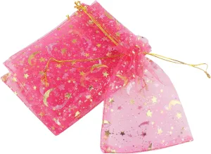 QIANHAILIZZ 100 Pack 3.5 x 4.7 Inch Moon Star Organza Jewelry Gift Pouch Candy Pouch Drawstring Wedding Favor Bags MS9 (fuchsia)