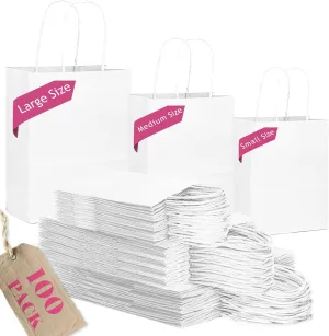 qiqee 100-Packs White Paper Gift Bags with Handles Assorted Sizes(33pcs Large 13", 33pcs Medium 11", 34pcs Small 8")