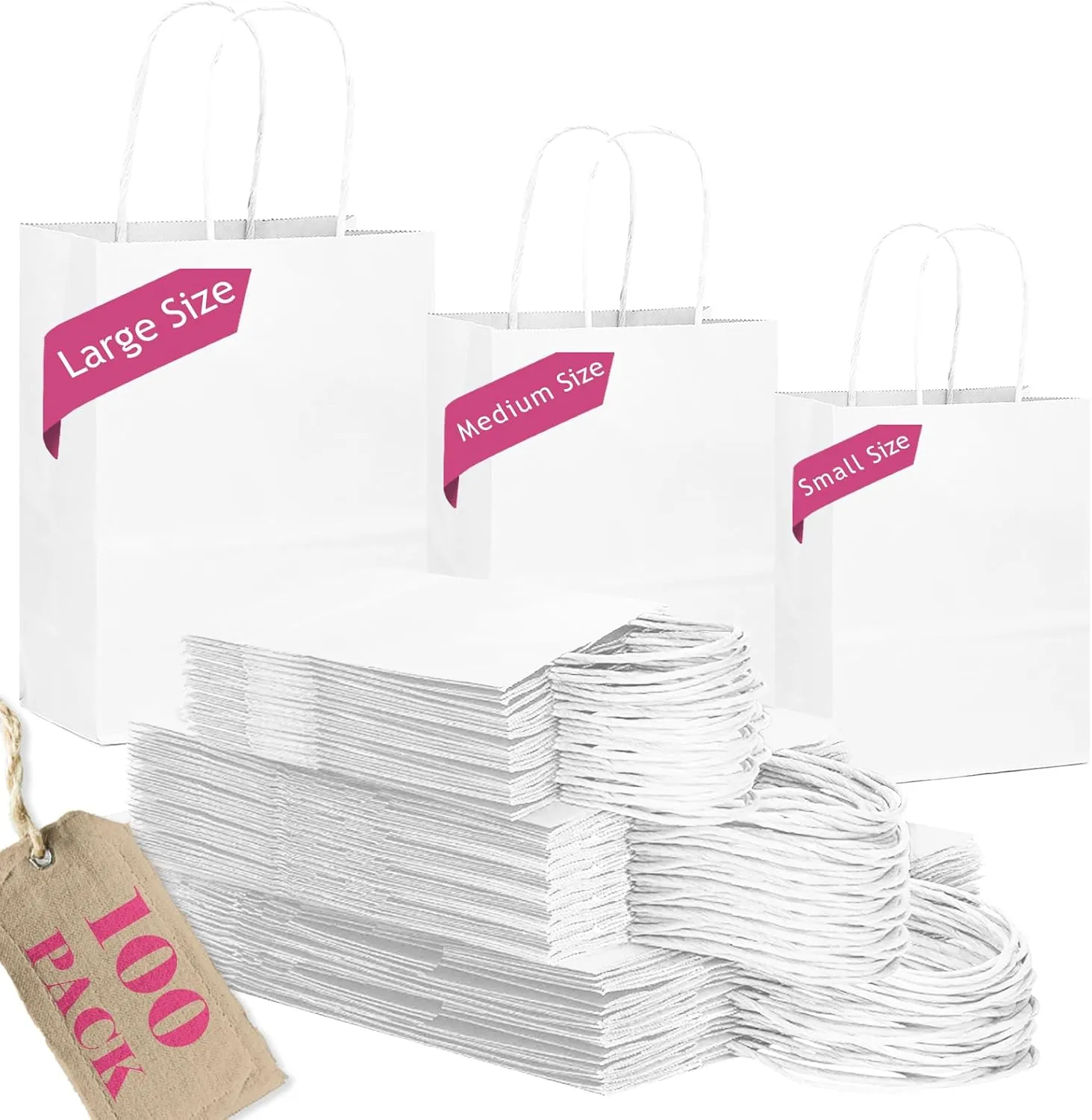 qiqee 100-Packs White Paper Gift Bags with Handles Assorted Sizes(33pcs Large 13", 33pcs Medium 11", 34pcs Small 8")