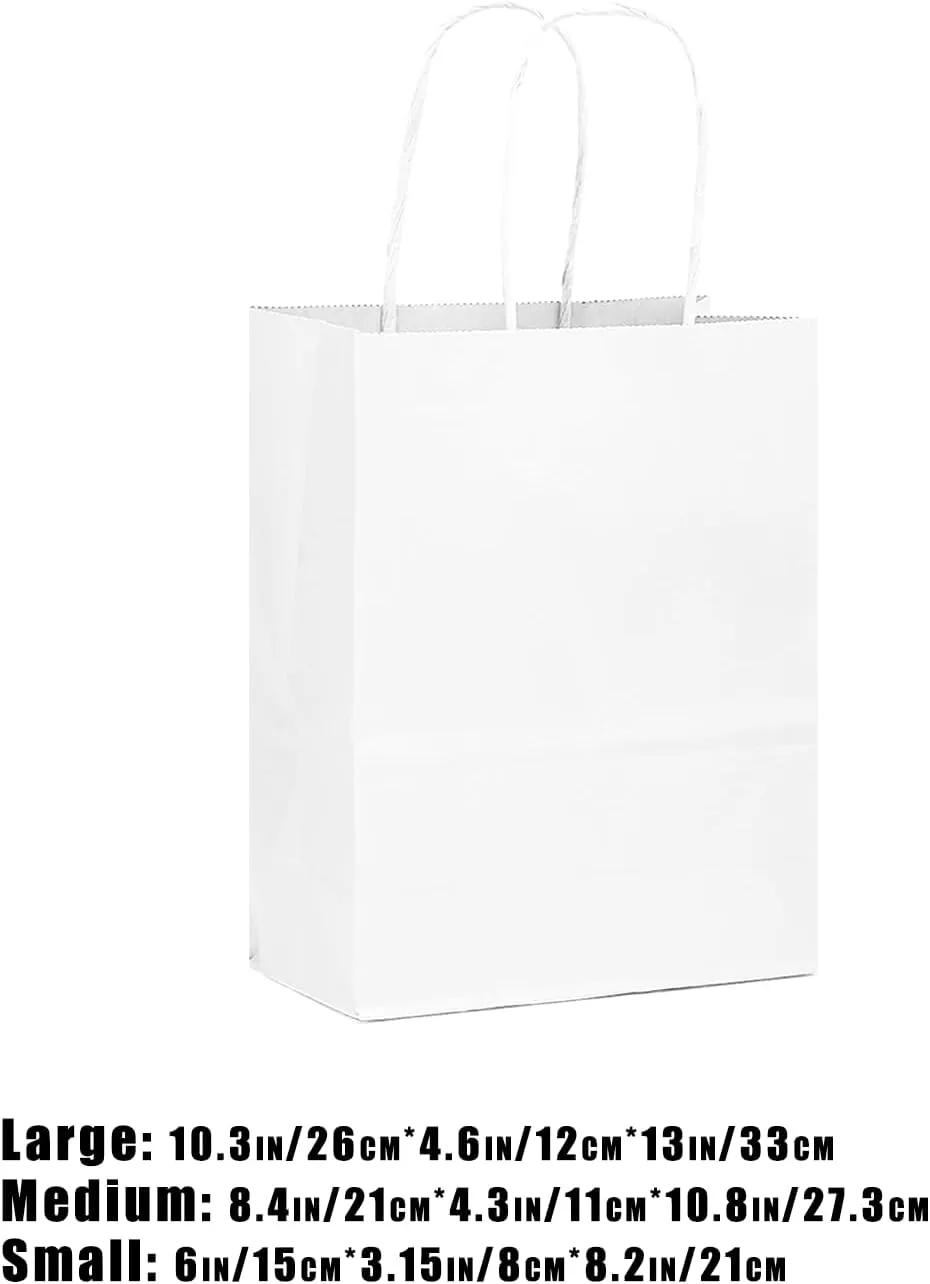 qiqee 100-Packs White Paper Gift Bags with Handles Assorted Sizes(33pcs Large 13", 33pcs Medium 11", 34pcs Small 8")