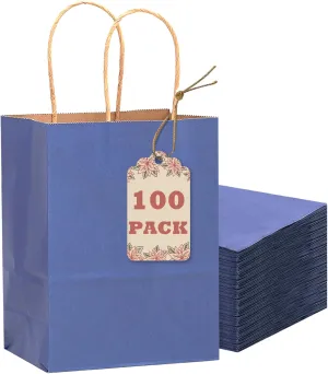 qiqee 100PCS Gift Bag with Handles Bulk Kraft Deep Blue Paper Bags Multiple Uses (8.3"x3"x6"inch Small Size)