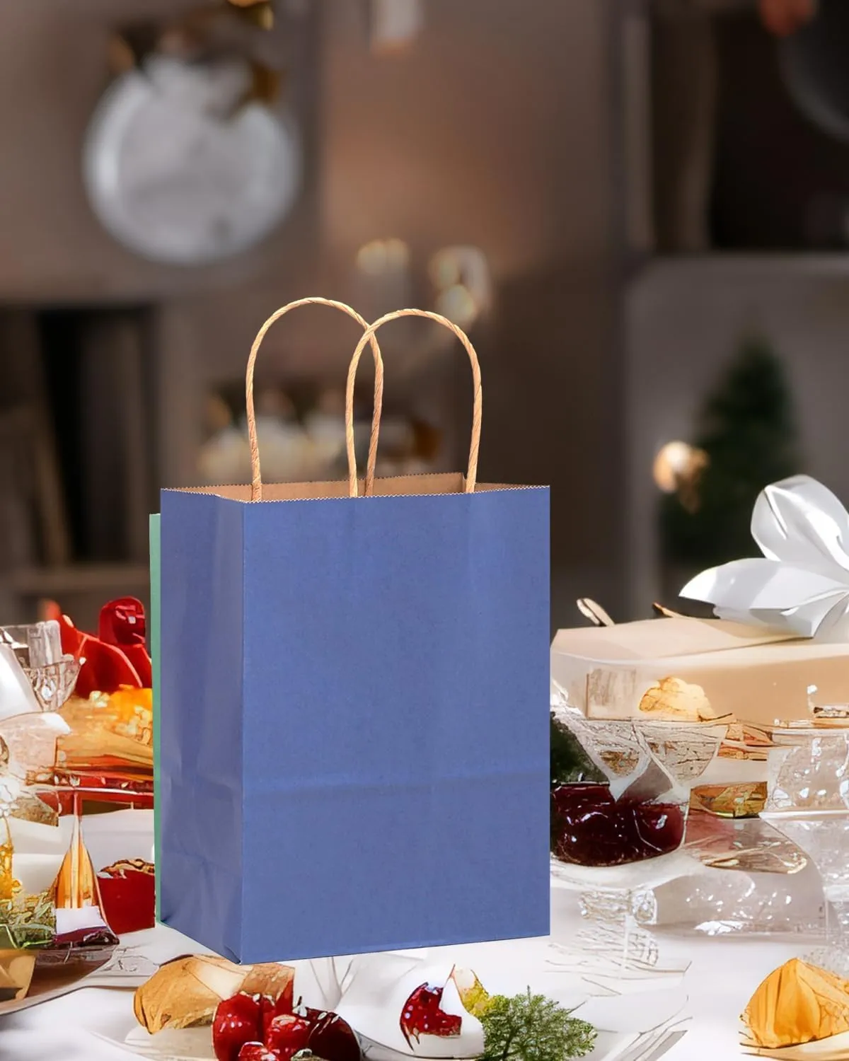 qiqee 100PCS Gift Bag with Handles Bulk Kraft Deep Blue Paper Bags Multiple Uses (8.3"x3"x6"inch Small Size)