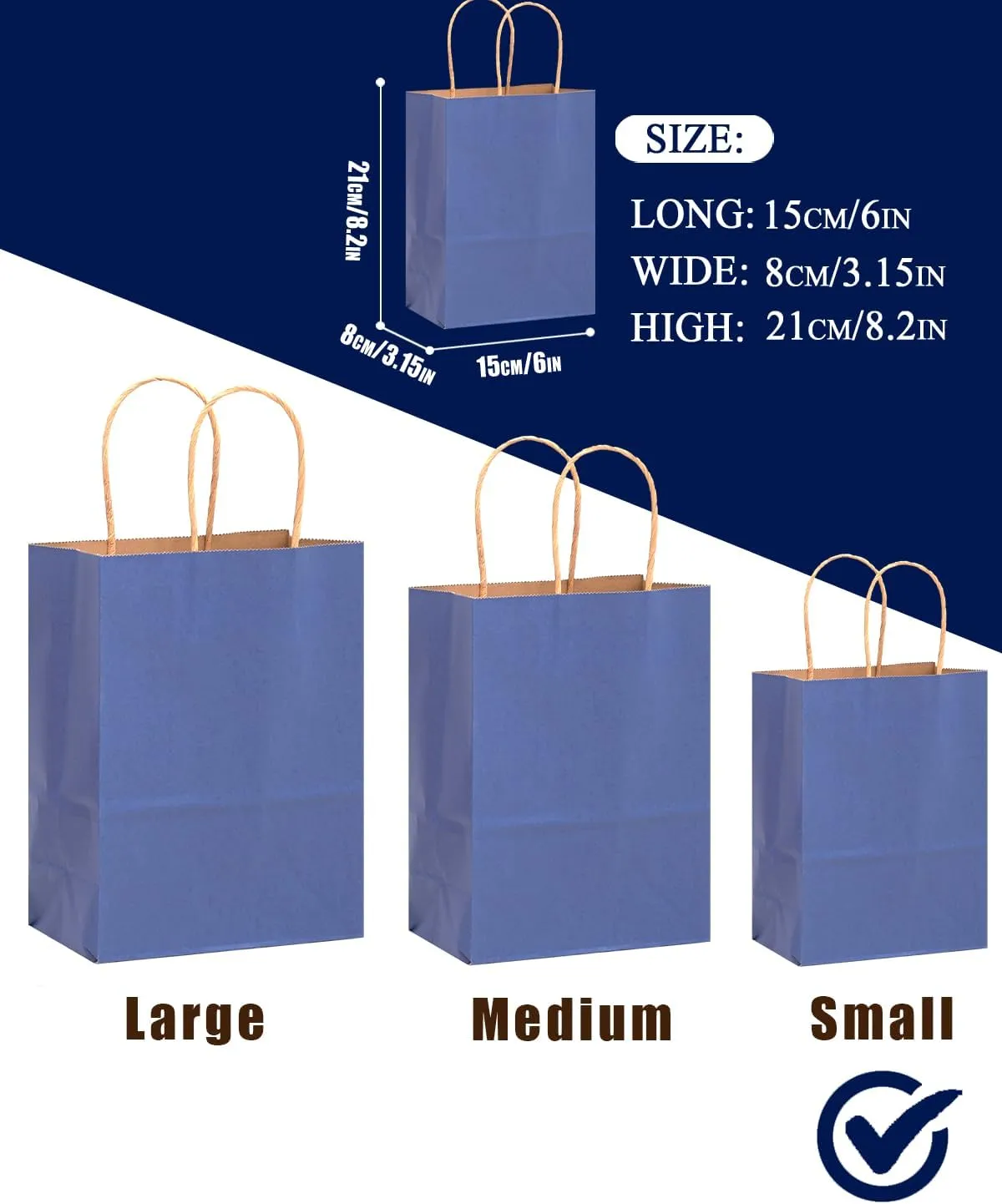 qiqee 100PCS Gift Bag with Handles Bulk Kraft Deep Blue Paper Bags Multiple Uses (8.3"x3"x6"inch Small Size)