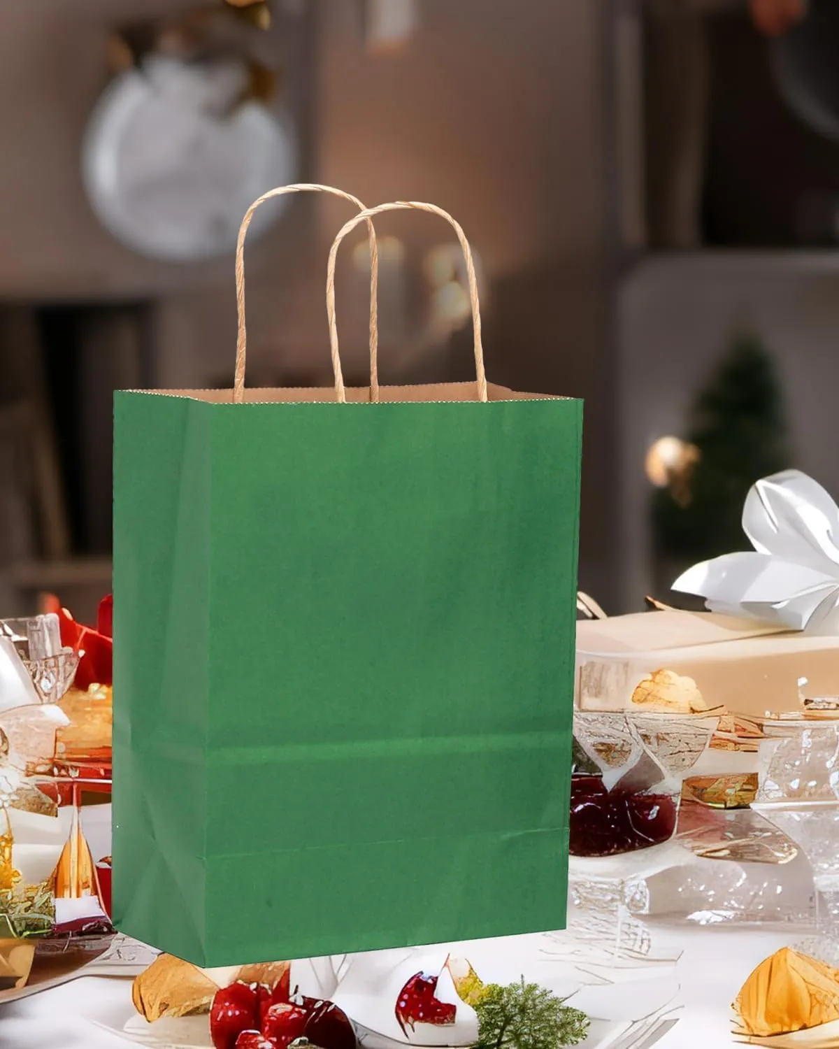 qiqee 100PCS Gift Bag with Handles Bulk Kraft Deep Green Paper Bags Multiple Uses (13''x5 x10 inch Large Size)