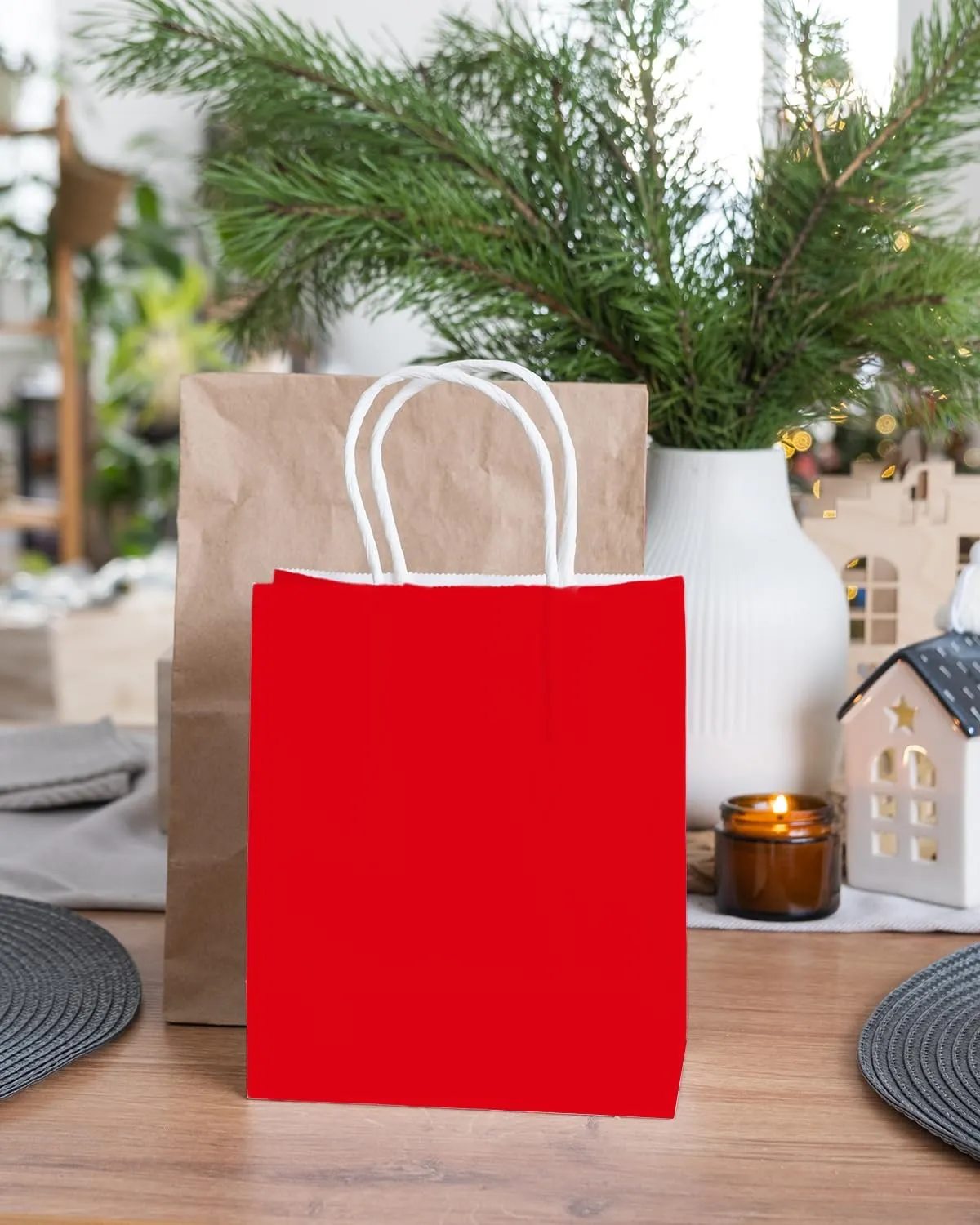 qiqee 100PCS Gift Bag with Handles Bulk Red Paper Bags Multiple Uses (8.3"x3"x6"inch Small Size)