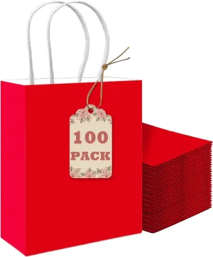 qiqee 100PCS Gift Bag with Handles Bulk Red Paper Bags Multiple Uses (8.3"x3"x6"inch Small Size)