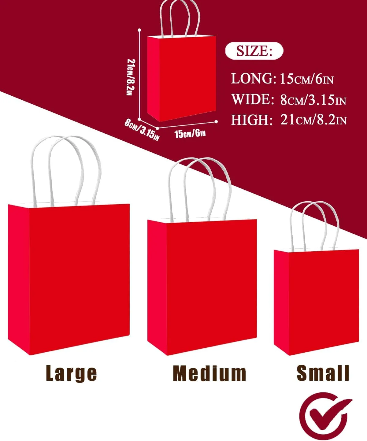 qiqee 100PCS Gift Bag with Handles Bulk Red Paper Bags Multiple Uses (8.3"x3"x6"inch Small Size)