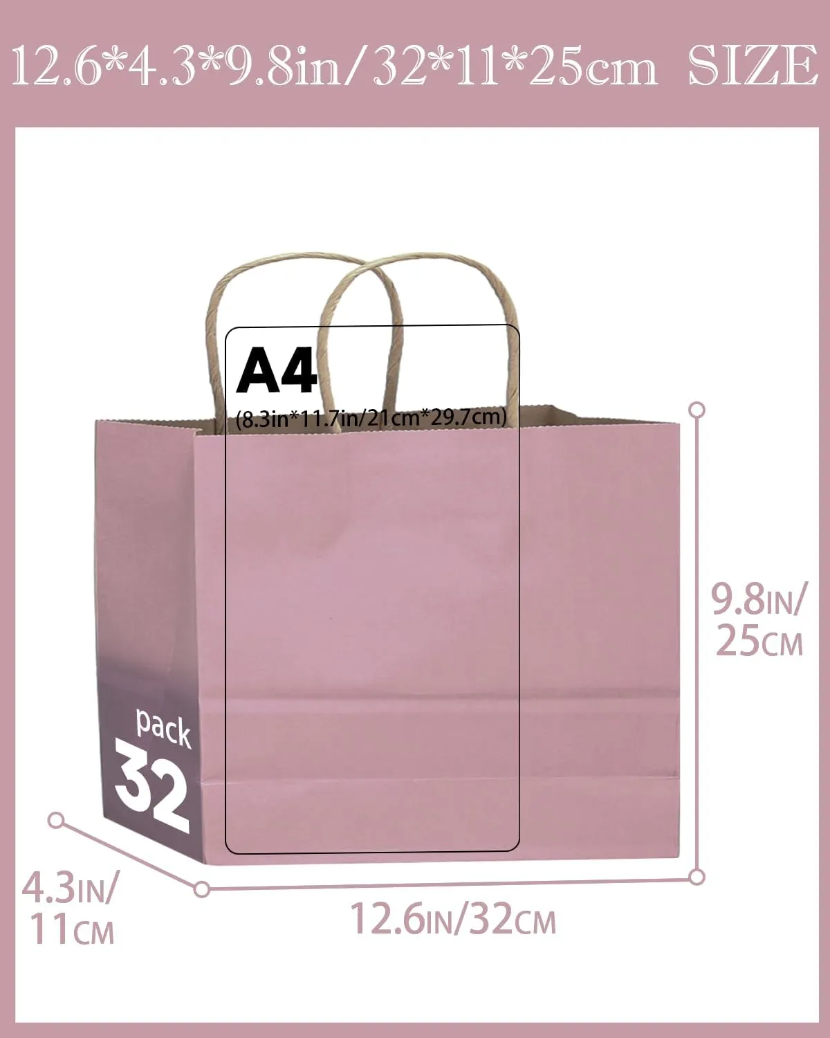 qiqee 13"x4.5"x10" Large Gift Bag with Handles Bulk 32PCS Gift Paper Bags Pink Purple Bags Multiple Uses (Wide Large)