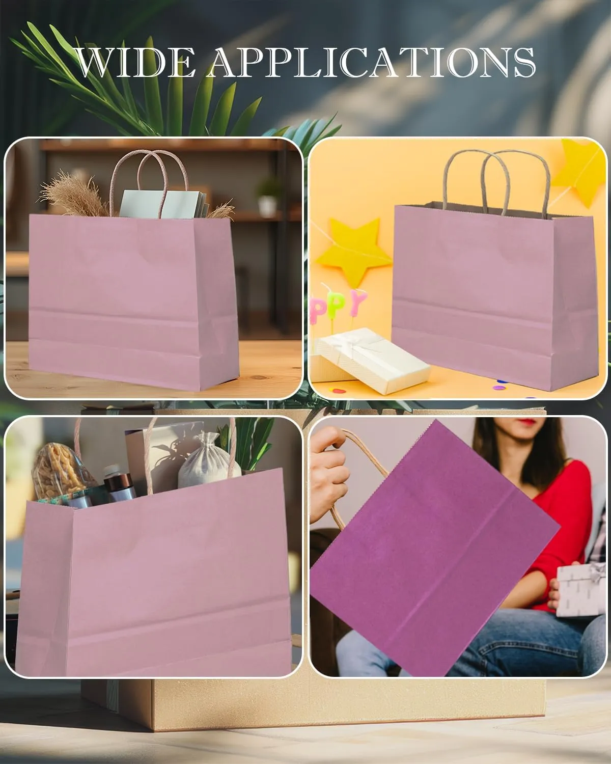 qiqee 13"x4.5"x10" Large Gift Bag with Handles Bulk 32PCS Gift Paper Bags Pink Purple Bags Multiple Uses (Wide Large)