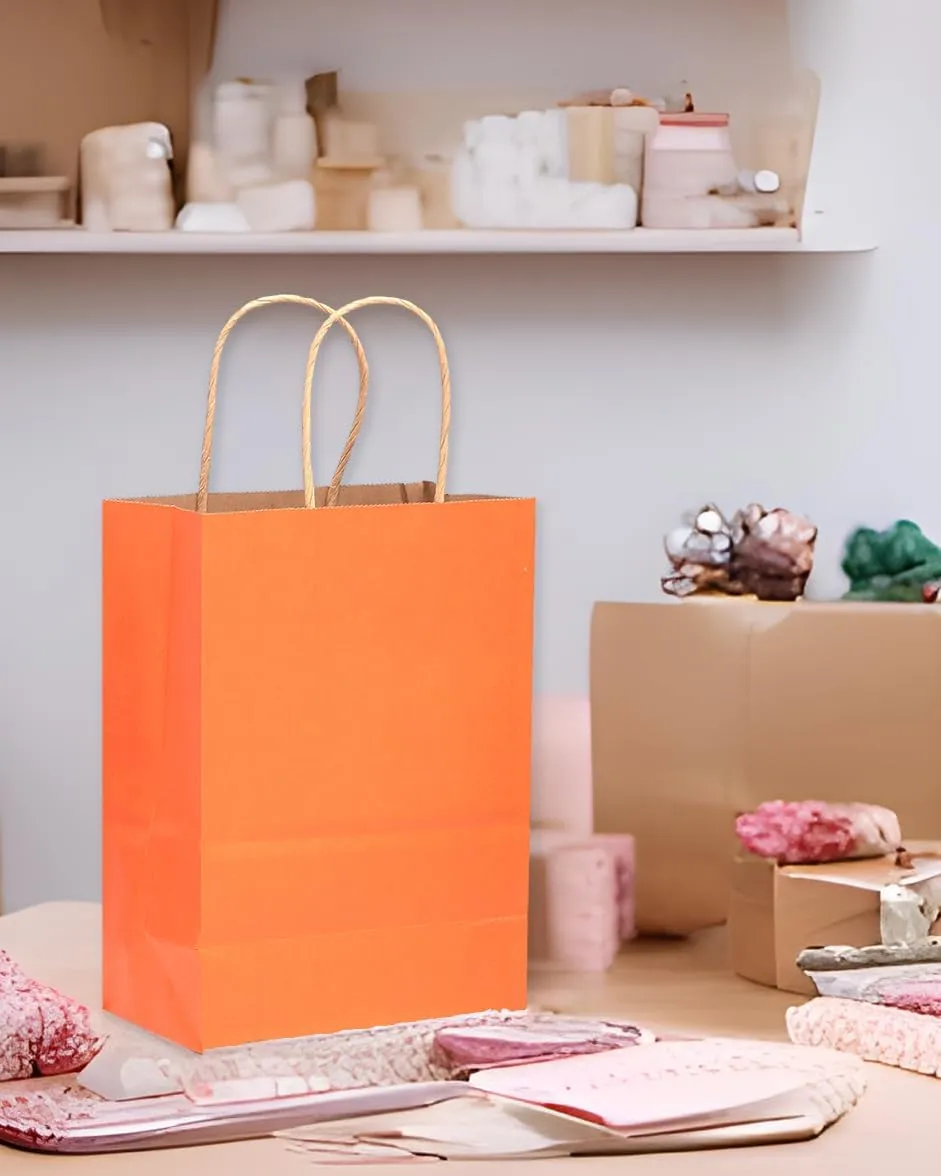 qiqee 32-Packs Orange Paper Gift Bags with Handles Bulk 8.26"×6"×3.15" Small Size Gift Bags Multiple Uses（Small Size）
