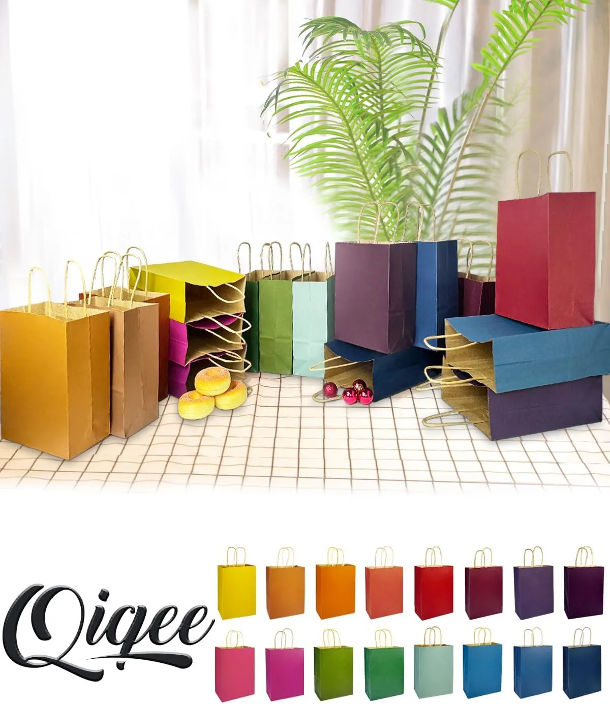 qiqee 32-Packs Paper Bags with Handles Bulk 8.26"×6"×3.15" Small Gift Bags 16 Different Senior Color Bags Multiple Uses（Small Size）