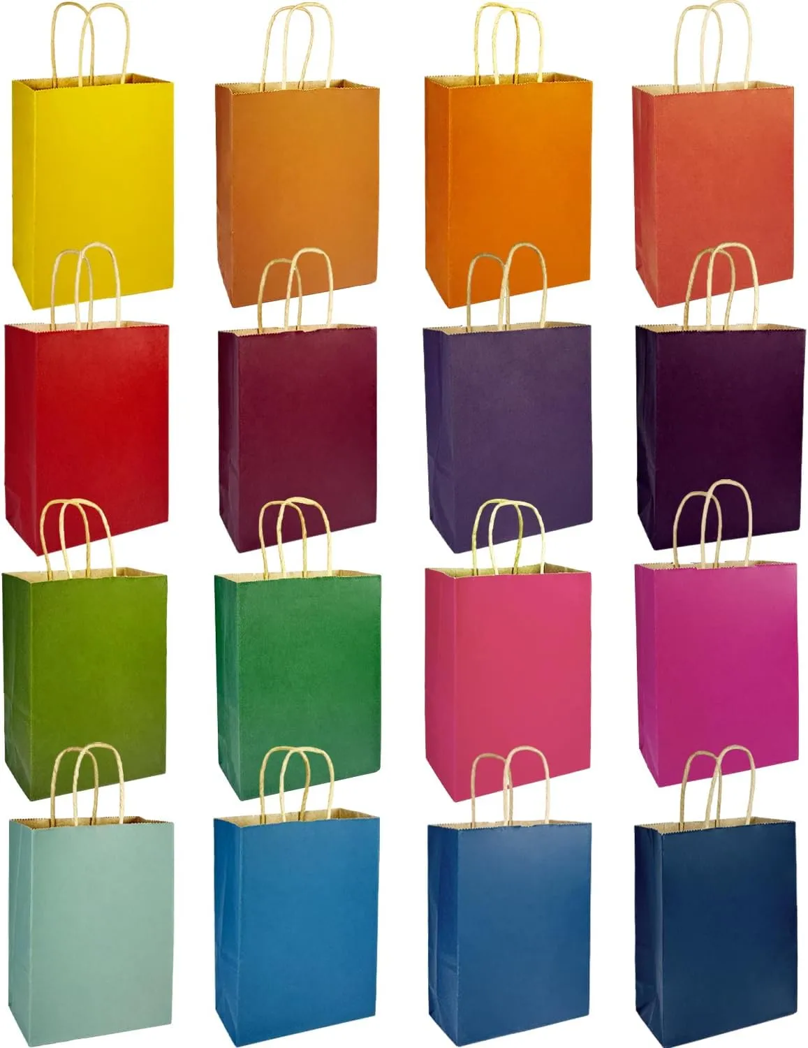 qiqee 32-Packs Paper Bags with Handles Bulk 8.26"×6"×3.15" Small Gift Bags 16 Different Senior Color Bags Multiple Uses（Small Size）