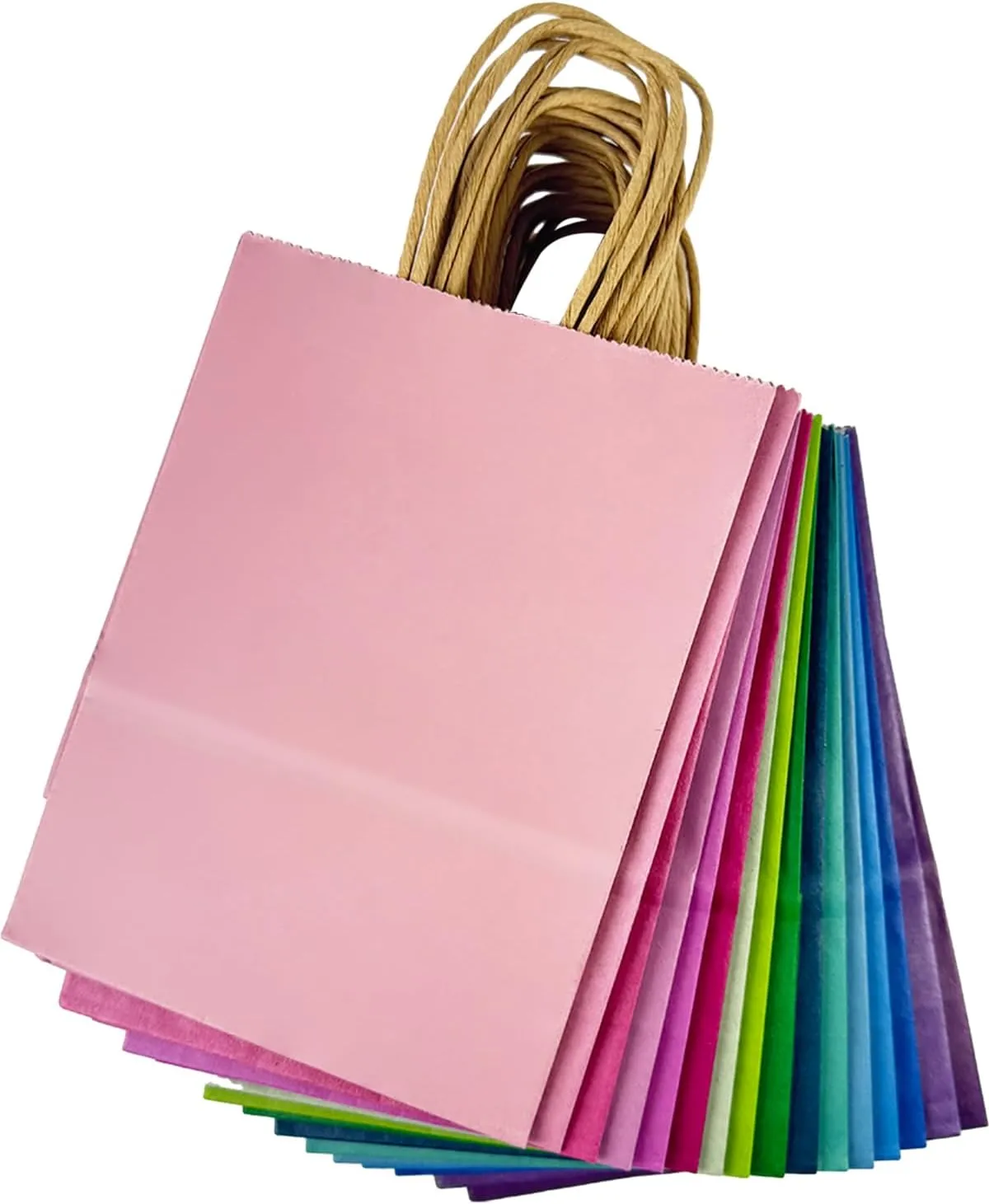 qiqee 32-Packs Paper Bags with Handles Bulk 8.26"×6"×3.15" Small Gift Bags 16 Different Senior Light Color Bags Multiple Uses（Small Size）