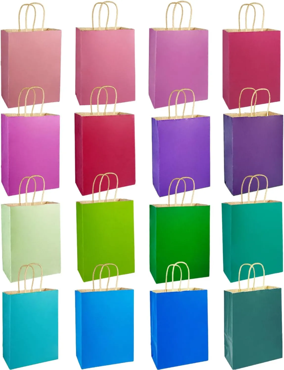 qiqee 32-Packs Paper Bags with Handles Bulk 8.26"×6"×3.15" Small Gift Bags 16 Different Senior Light Color Bags Multiple Uses（Small Size）