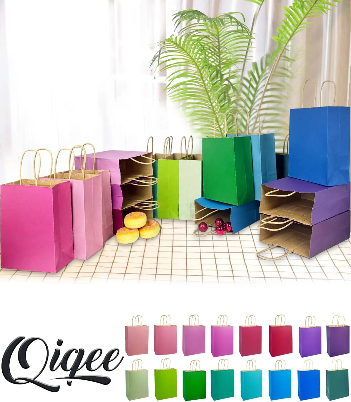 qiqee 32-Packs Paper Bags with Handles Bulk 8.26"×6"×3.15" Small Gift Bags 16 Different Senior Light Color Bags Multiple Uses（Small Size）