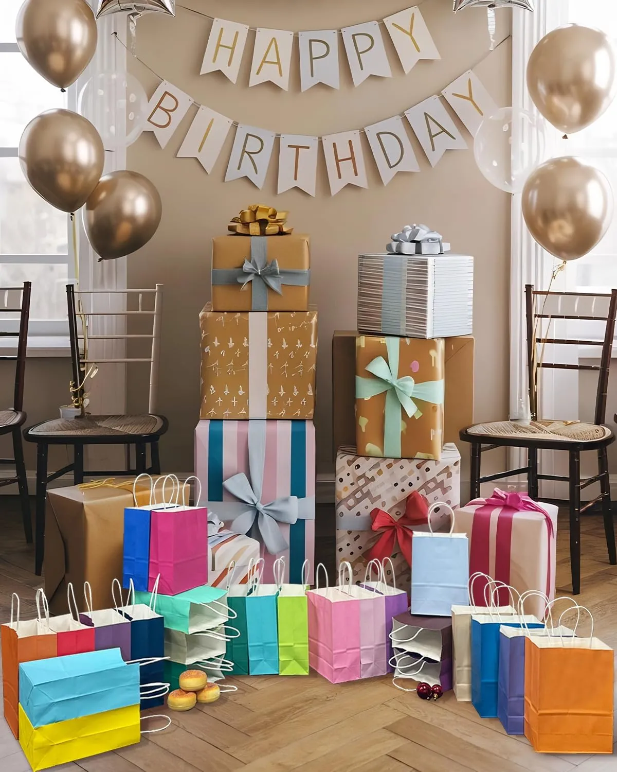 qiqee 48PCS Small Gift Bag with Handles Bulk 24 Colors Paper Party Bags 8.3"x6"x3" Multiple Uses (Small Size)