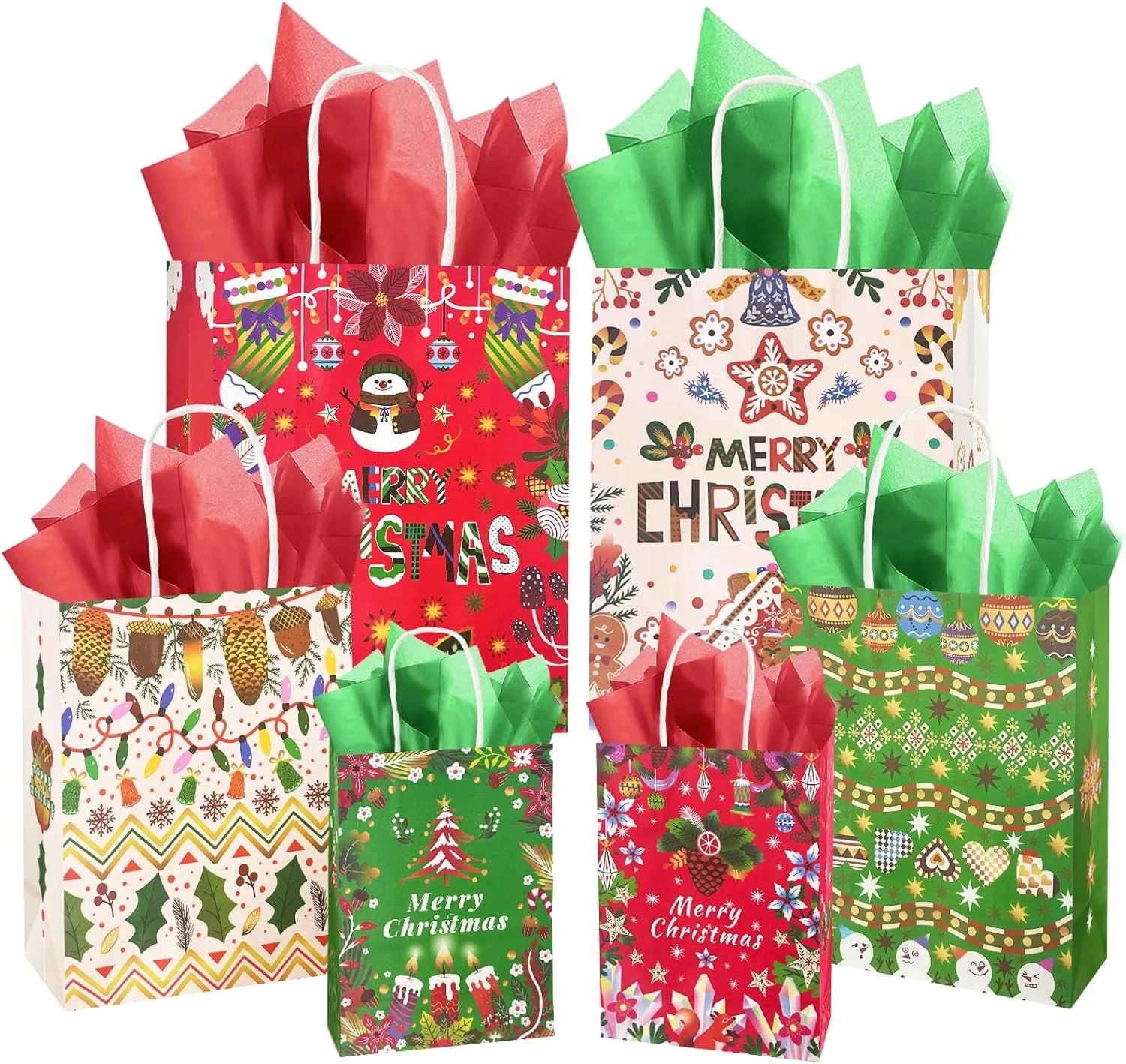 qiqee Christmas Paper Gift Bags with Tissue Paper Handles Assorted Sizes 30PCS Merry Christmas Bags(10pcs Large 12", 10pcs Medium 11", 10pcs Small 8"，60pcs Tissue Paper)
