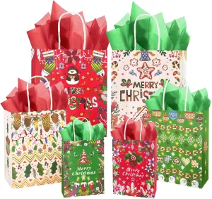qiqee Christmas Paper Gift Bags with Tissue Paper Handles Assorted Sizes 30PCS Merry Christmas Bags(10pcs Large 12", 10pcs Medium 11", 10pcs Small 8"，60pcs Tissue Paper)