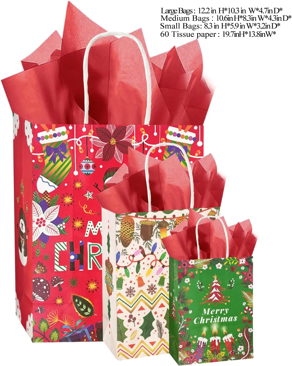 qiqee Christmas Paper Gift Bags with Tissue Paper Handles Assorted Sizes 30PCS Merry Christmas Bags(10pcs Large 12", 10pcs Medium 11", 10pcs Small 8"，60pcs Tissue Paper)