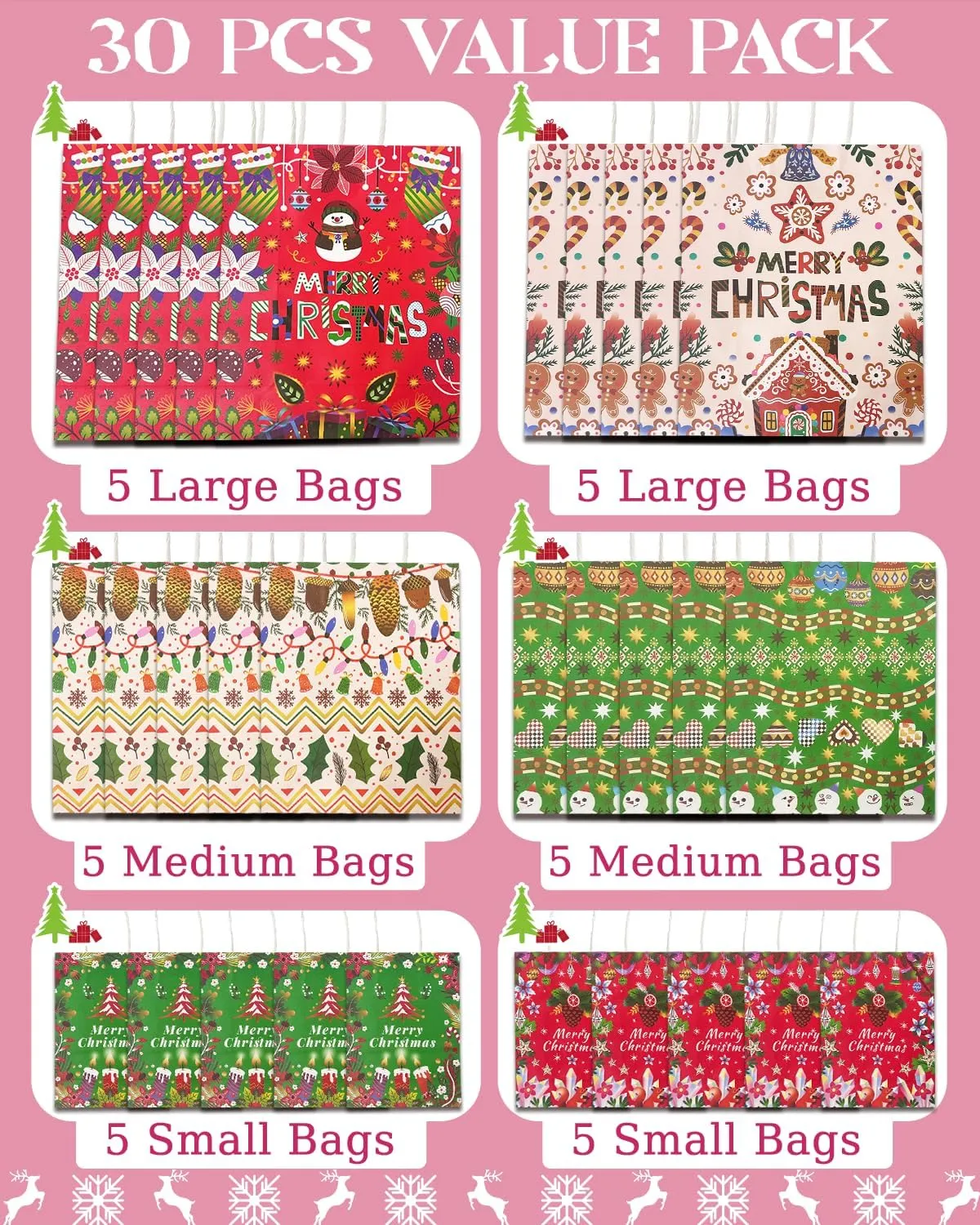 qiqee Christmas Paper Gift Bags with Tissue Paper Handles Assorted Sizes 30PCS Merry Christmas Bags(10pcs Large 12", 10pcs Medium 11", 10pcs Small 8"，60pcs Tissue Paper)