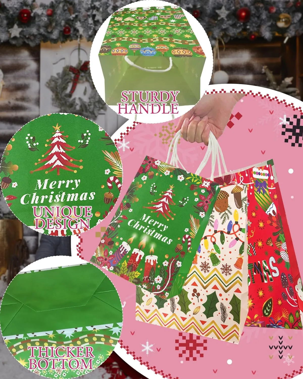 qiqee Christmas Paper Gift Bags with Tissue Paper Handles Assorted Sizes 30PCS Merry Christmas Bags(10pcs Large 12", 10pcs Medium 11", 10pcs Small 8"，60pcs Tissue Paper)