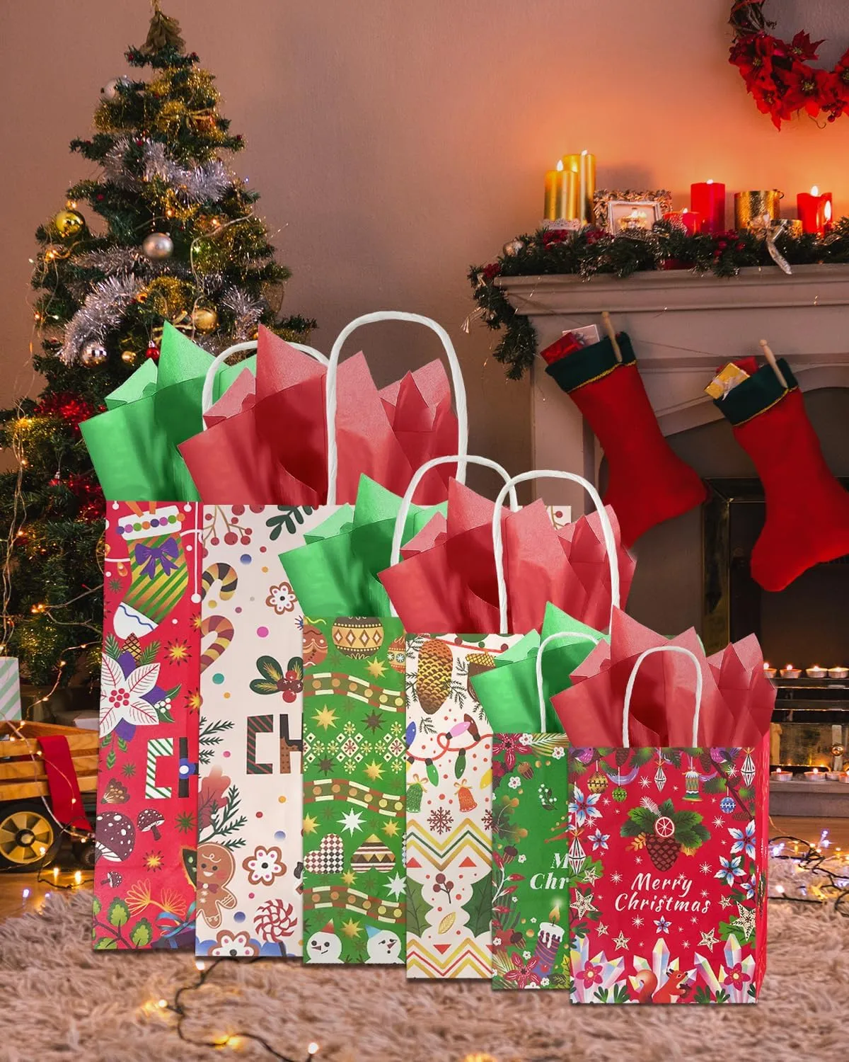 qiqee Christmas Paper Gift Bags with Tissue Paper Handles Assorted Sizes 30PCS Merry Christmas Bags(10pcs Large 12", 10pcs Medium 11", 10pcs Small 8"，60pcs Tissue Paper)