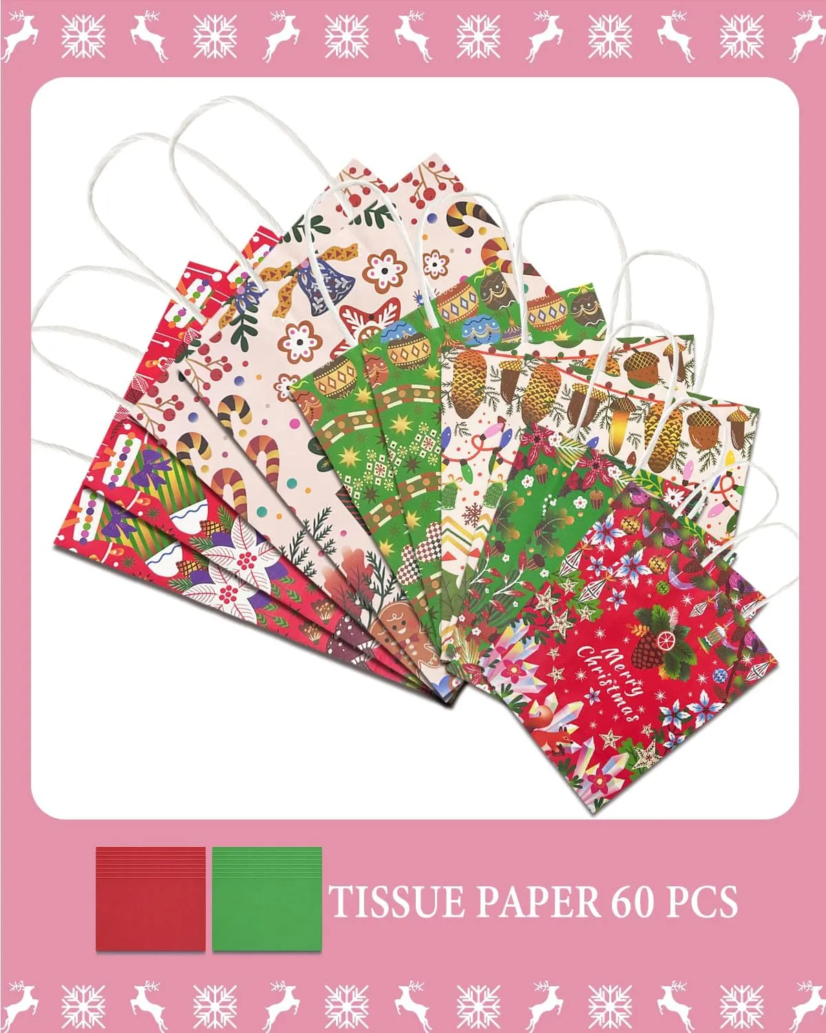 qiqee Christmas Paper Gift Bags with Tissue Paper Handles Assorted Sizes 30PCS Merry Christmas Bags(10pcs Large 12", 10pcs Medium 11", 10pcs Small 8"，60pcs Tissue Paper)