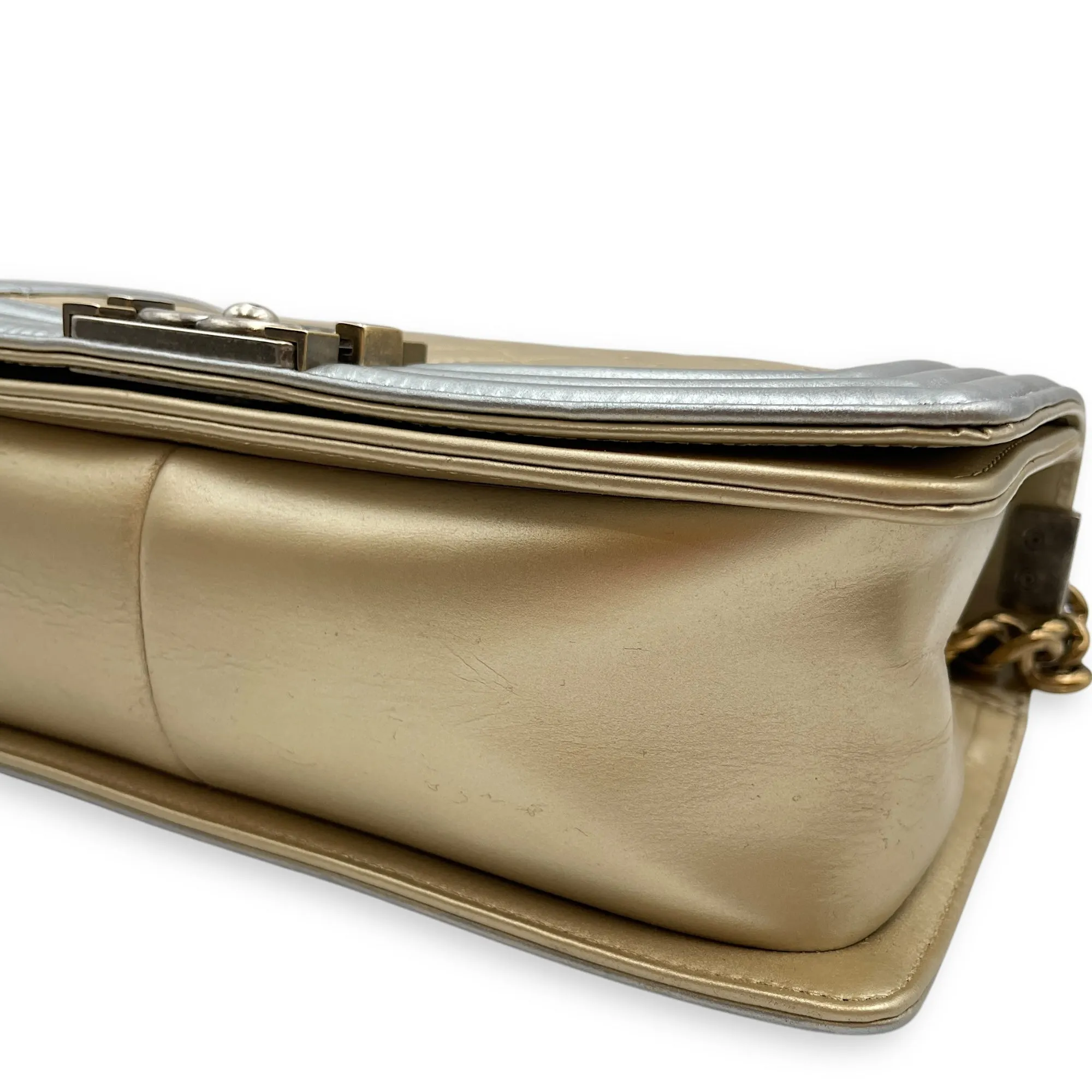Quilted Bi-Colour Boy Medium Gold/Silver Shoulder Bag in Metallic, Brushed Gold hardware