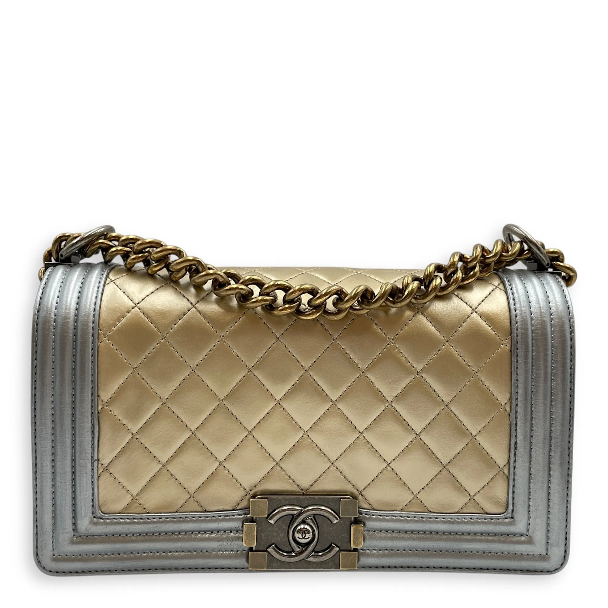 Quilted Bi-Colour Boy Medium Gold/Silver Shoulder Bag in Metallic, Brushed Gold hardware