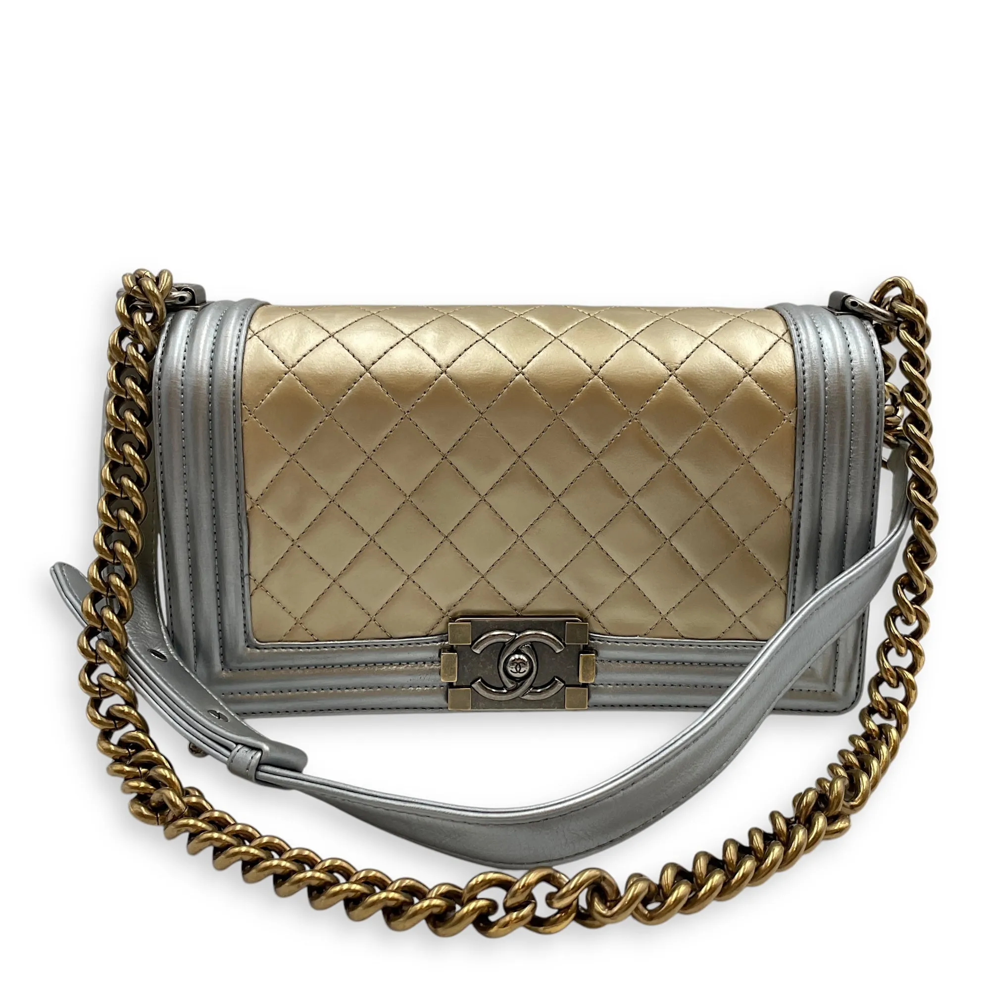 Quilted Bi-Colour Boy Medium Gold/Silver Shoulder Bag in Metallic, Brushed Gold hardware