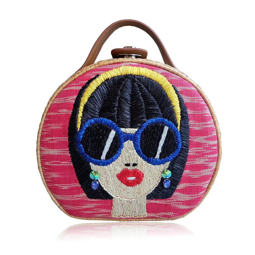 "Suyen" Pink Tinalak Embroidered Round Rattan Tote