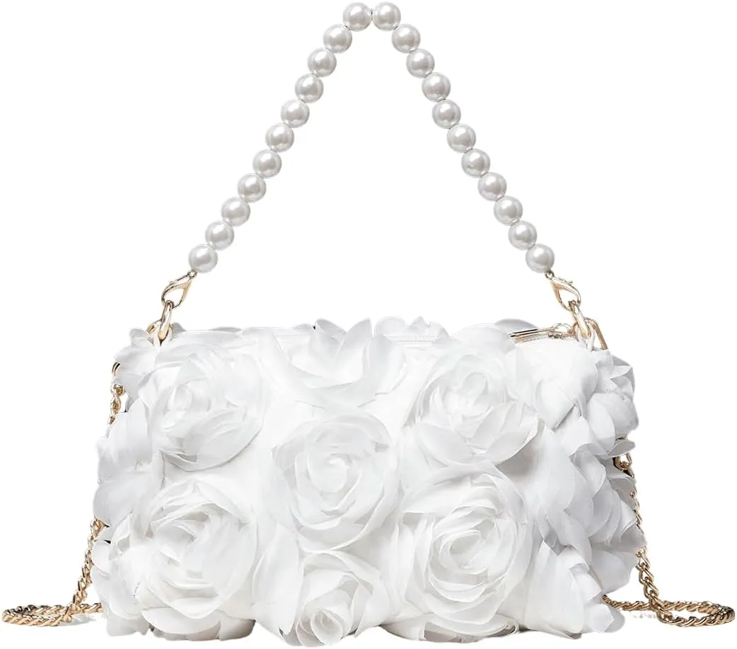 QWINEE Women's Faux Pearl Clutch Bag Flower Shape Small Crossbody Bag Evening Satchel Bag Tote Handbags Prom Bags