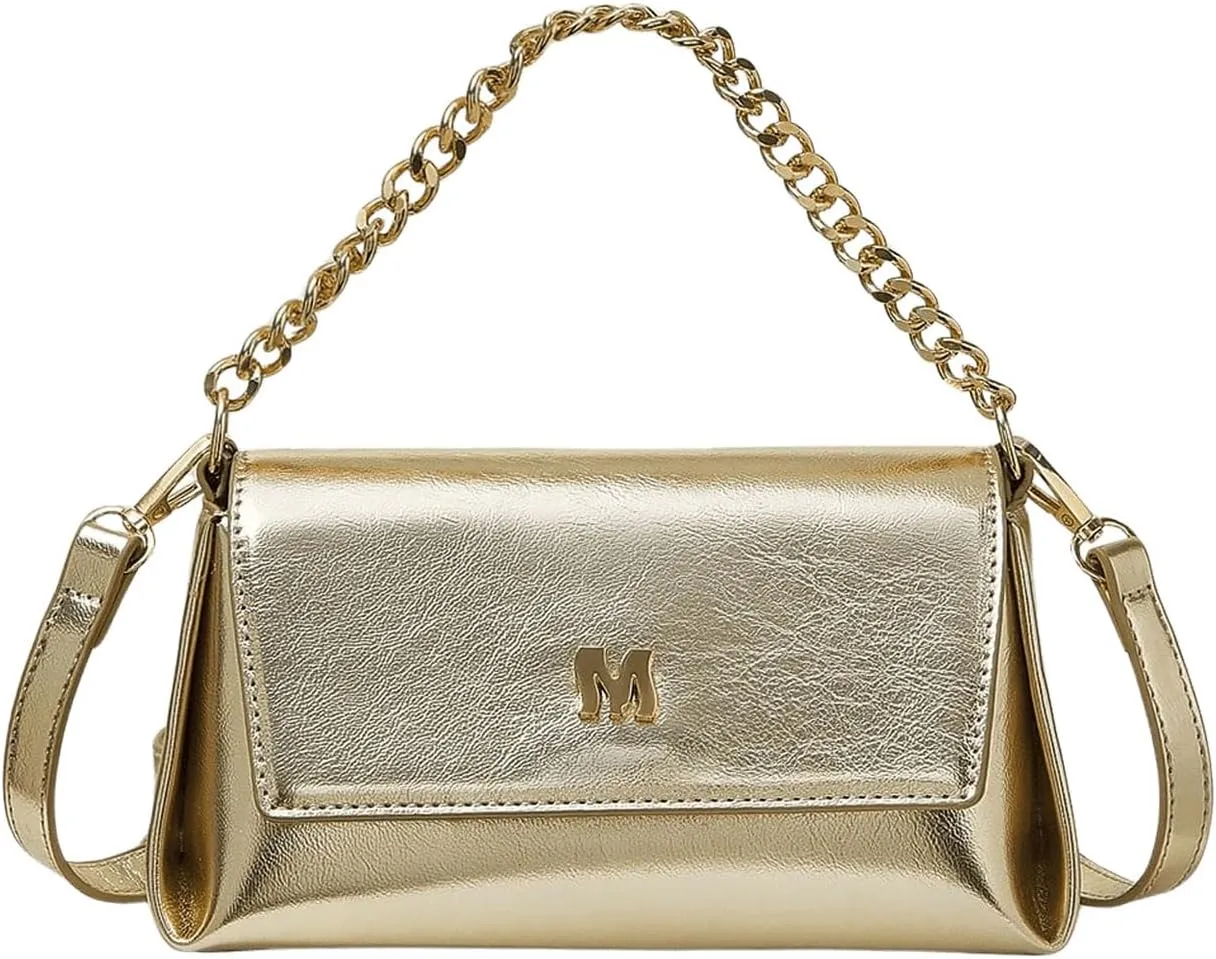 QWINEE Women's Leather Crossbody Bags Metallic Flap Clutch Purse Adjustable Strap Square Bag