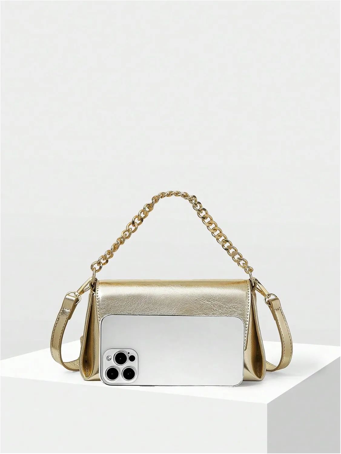QWINEE Women's Leather Crossbody Bags Metallic Flap Clutch Purse Adjustable Strap Square Bag