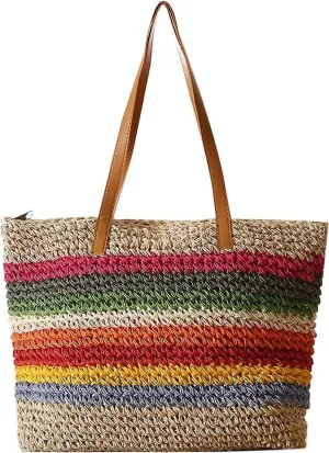 QZUnique Straw Rainbow Handbags Women’s Cotton Crochet Hand-Woven Tote Bag Top Handle Casual Shoulder Messenger Portable Bag