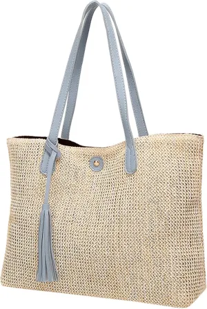 QZUnique Women's Summer Beach Straw Bucket Tote Bag With Tassel Shoulder Bag Purse