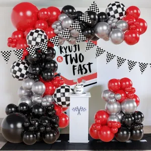 Race Car Balloon Arch Garland Kit 126Pcs Red Black and Metallic Silver Balloons with Checkered Foil Balloons and Checkered Flag Banner for Two Fast Birthday Party Decorations