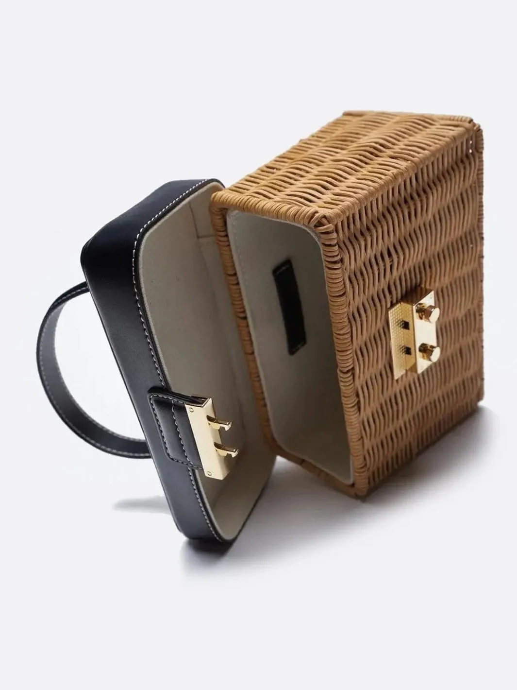 Rattan and leather handbag