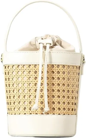 Rattan Bucket Bag for Women Straw Beach Bag Drawstring Crossbody Purse PU Leather Summer Shoulder Tote Bag Cute Hobo Bags