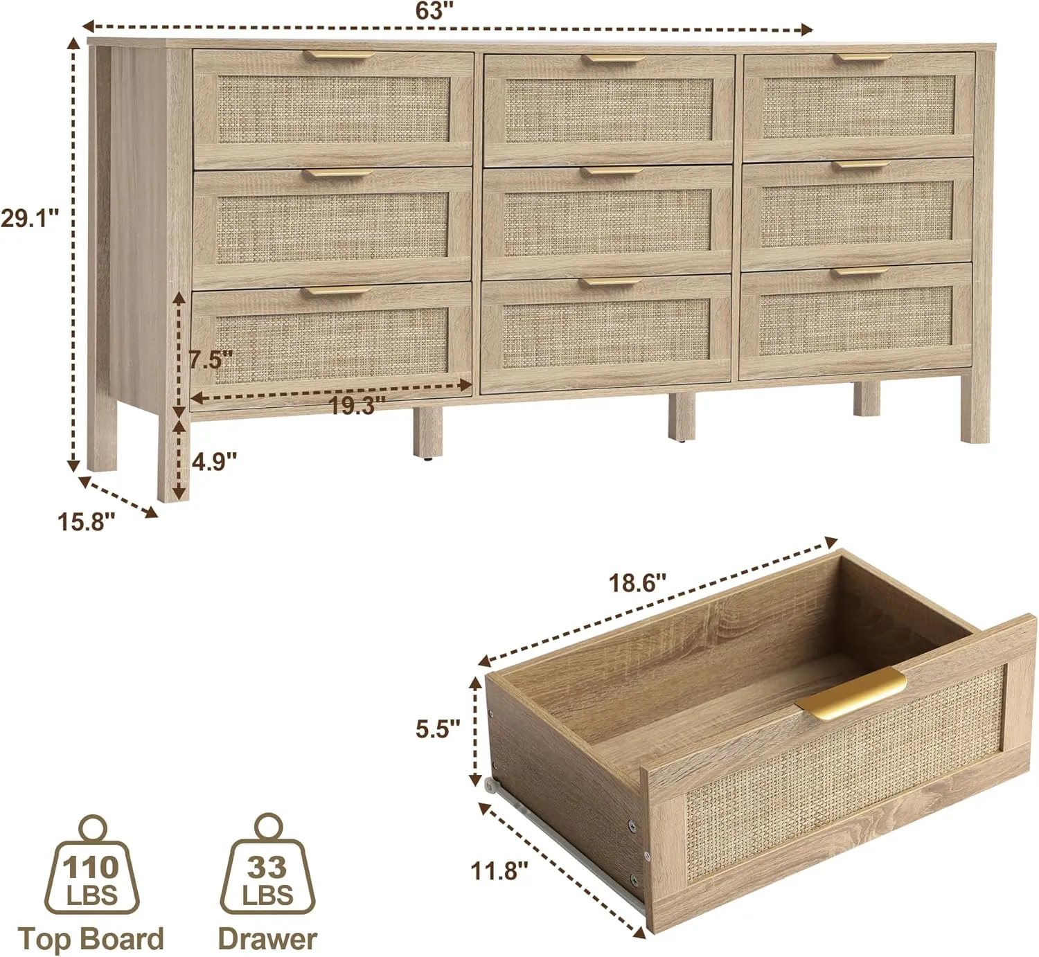 Rattan Chest of Dressers, Wooden Drawer Dresser, 9 Drawers Rattan Dresser for Bedroom, Living Room, Hallway (Natural-9 Drawers)