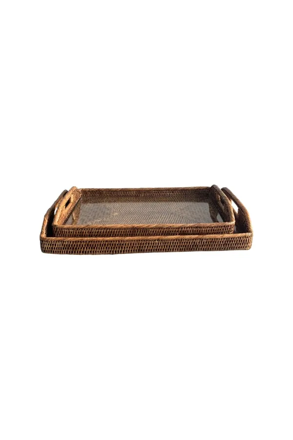 Rattan Glass Tray with Handles - Medium