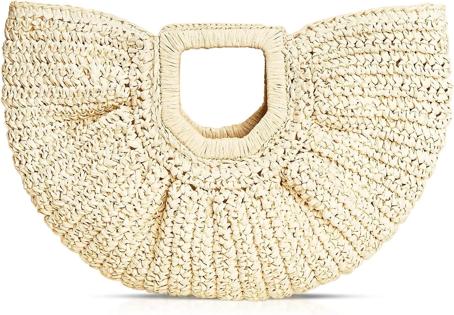 Rattan Handbag, Semi-Circular Woven Beach Bag for Women - Handmade Rattan Handbag for Vacation Travel Daily (Beige)