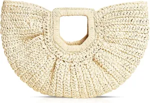 Rattan Handbag, Semi-Circular Woven Beach Bag for Women - Handmade Rattan Handbag for Vacation Travel Daily (Beige)