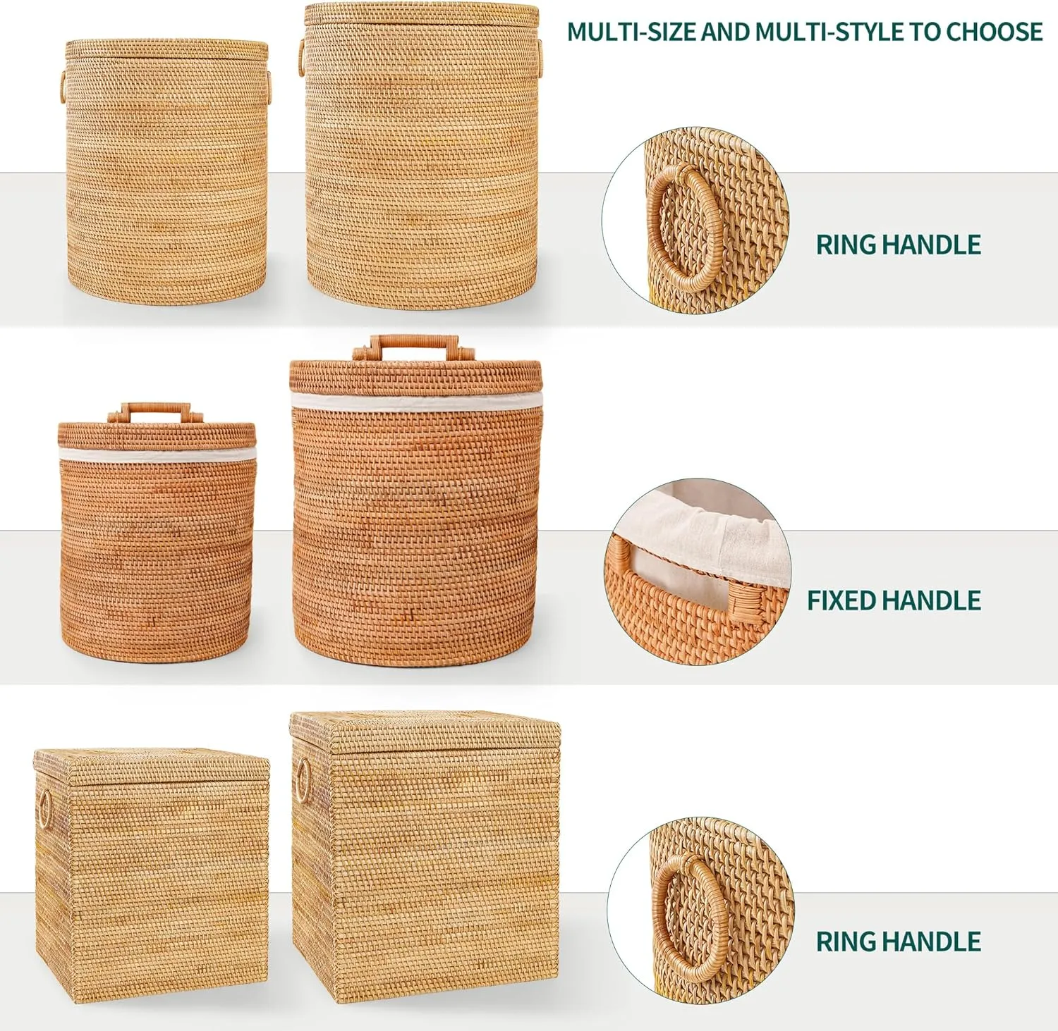 Rattan Laundry Hamper With Lid and Liner Bag, Woven Cloth Hamper With Handles (15.7" L×11.8"W×16.9"H）