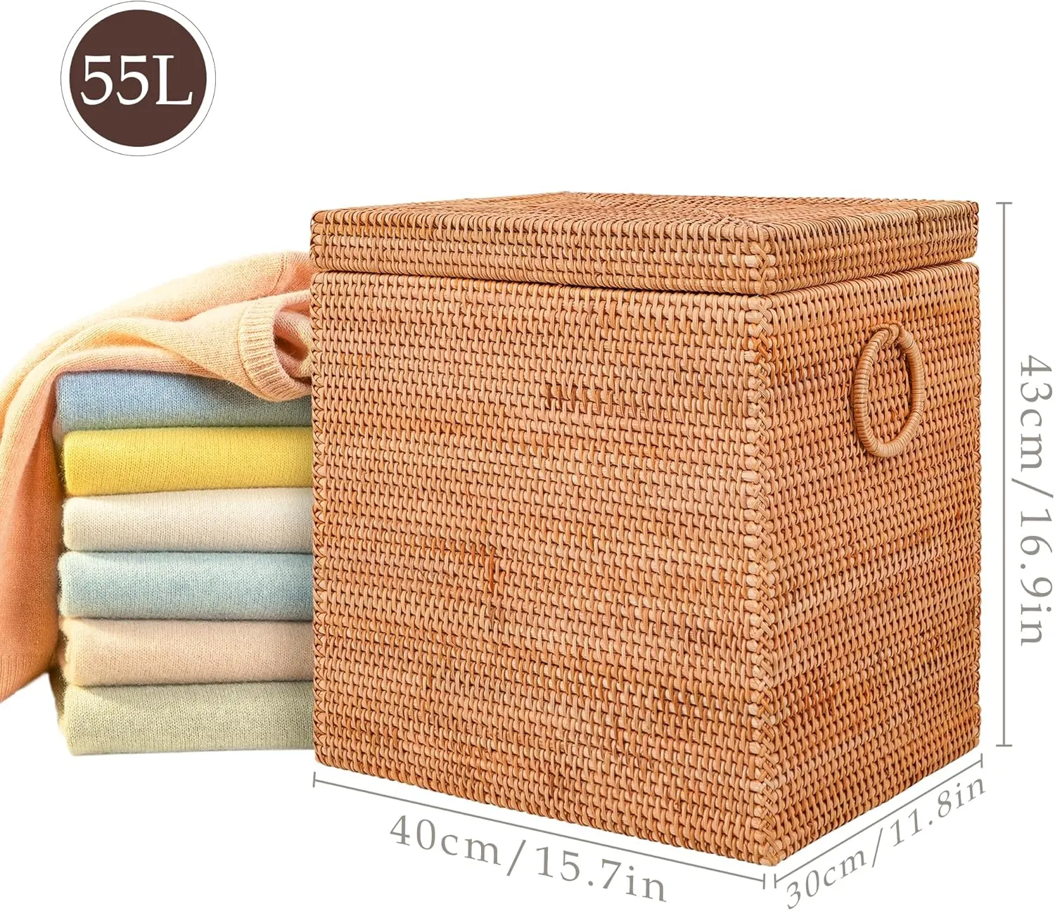 Rattan Laundry Hamper With Lid and Liner Bag, Woven Cloth Hamper With Handles (15.7" L×11.8"W×16.9"H）