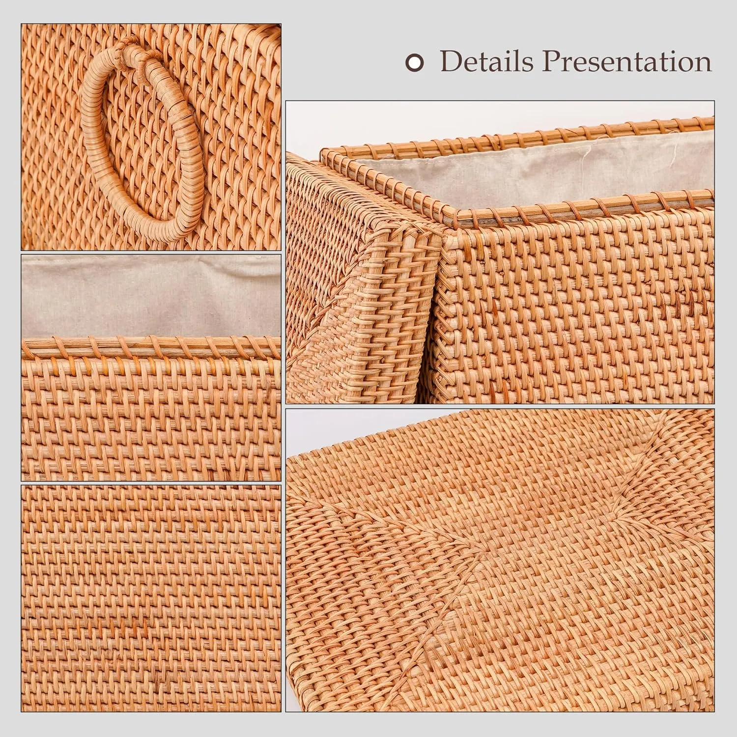 Rattan Laundry Hamper With Lid and Liner Bag, Woven Cloth Hamper With Handles (15.7" L×11.8"W×16.9"H）