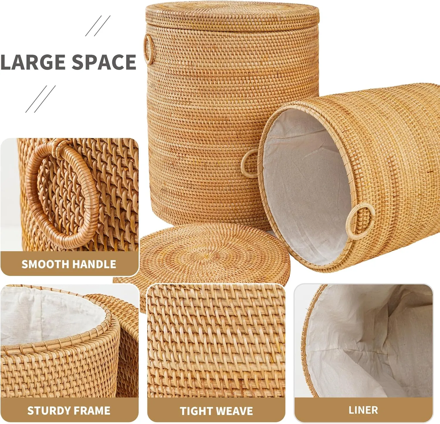 Rattan Laundry Hamper With Lid, Round Wicker Large Hampers For Laundry With Liner Bag and Handles for Organizing Clothes Kids Toys Books (13.8" L×13.8"W×15.7"H）