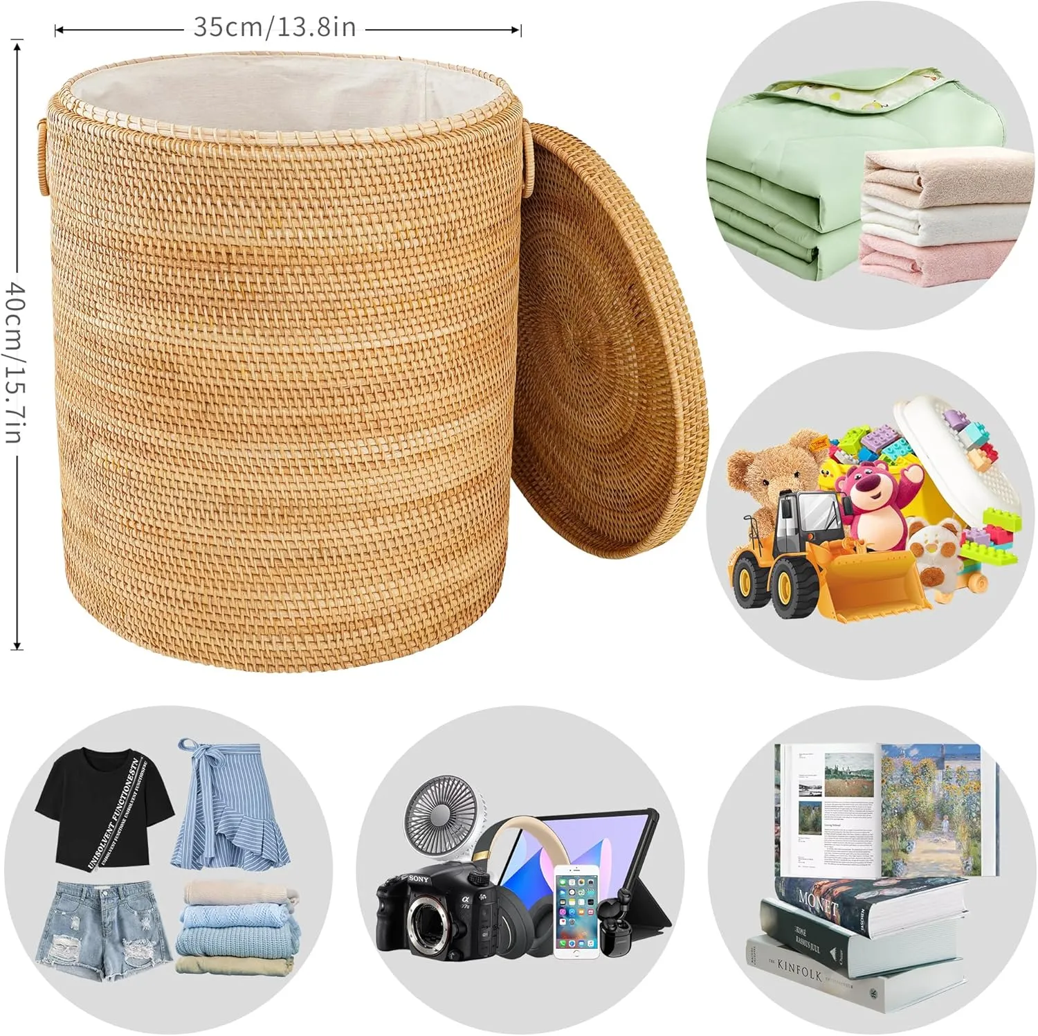Rattan Laundry Hamper With Lid, Round Wicker Large Hampers For Laundry With Liner Bag and Handles for Organizing Clothes Kids Toys Books (13.8" L×13.8"W×15.7"H）