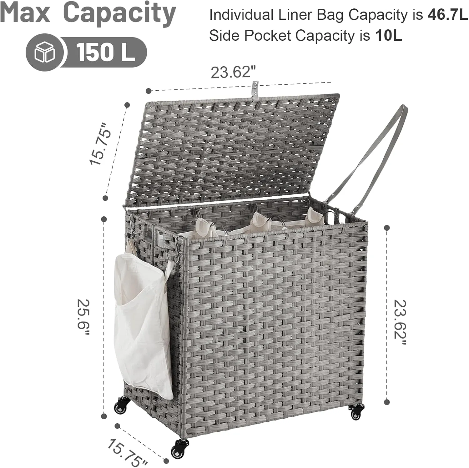 Rattan Laundry Hamper with Wheels, 39.6 Gallon(150L) Rolling Basket with Lid, 3-Section Sorter with 3 Removable Liners & Mesh Bags, Side Pocket, Grey