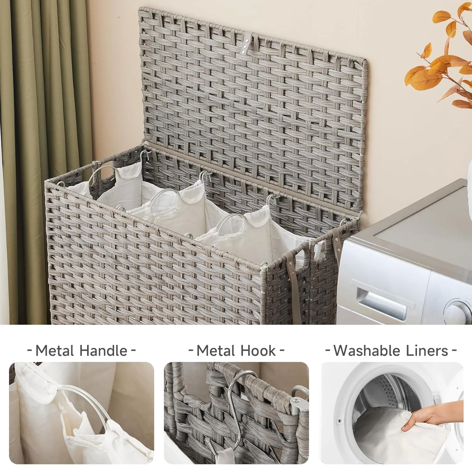 Rattan Laundry Hamper with Wheels, 39.6 Gallon(150L) Rolling Basket with Lid, 3-Section Sorter with 3 Removable Liners & Mesh Bags, Side Pocket, Grey